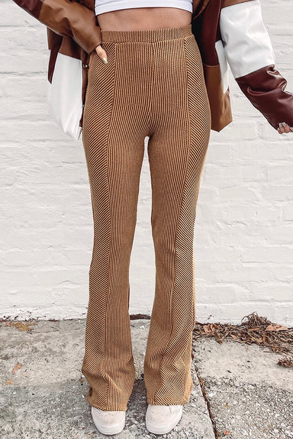 Brown Ribbed Knit High Rise Flare Leggings