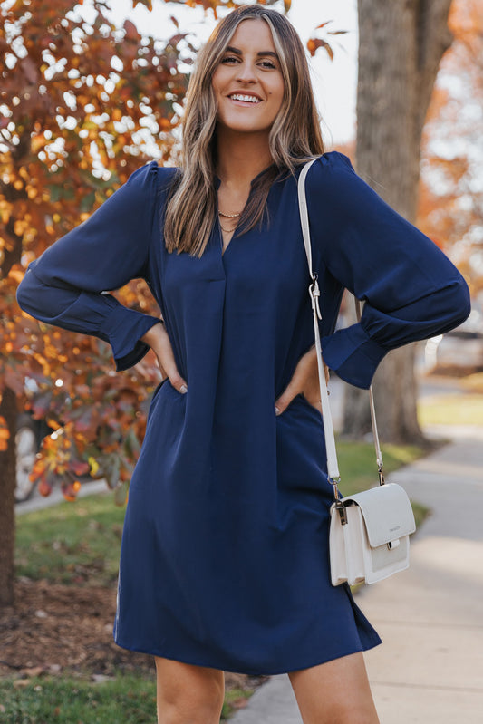 Split V Neck Ruffled Sleeves Shirt Dress