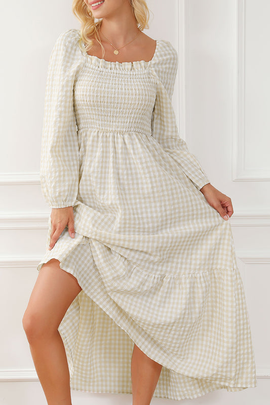 Khaki Plaid Ruffled Square Neck Smocked Tiered Maxi Dress