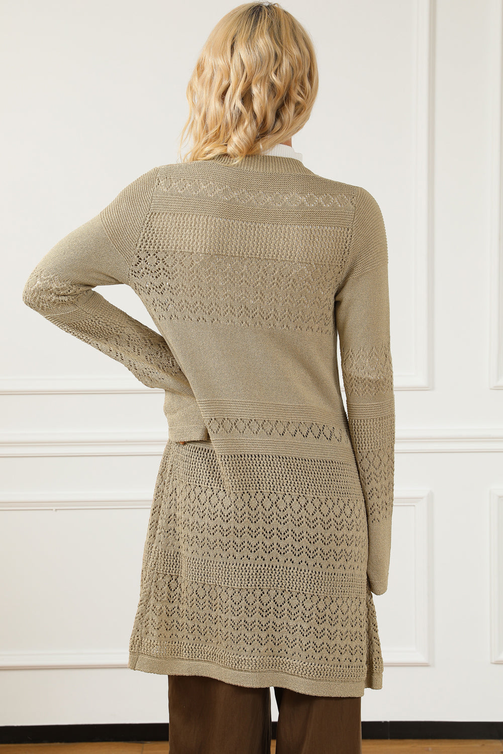 Khaki Pointelle Knit Open Front Cardigan