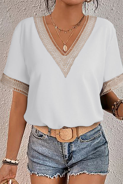 Black Lace Trim V Neck Short Sleeve Blouse