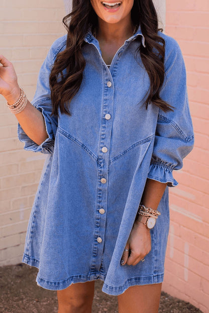 Sky Blue Buttoned Long Sleeve Denim Mini Dress