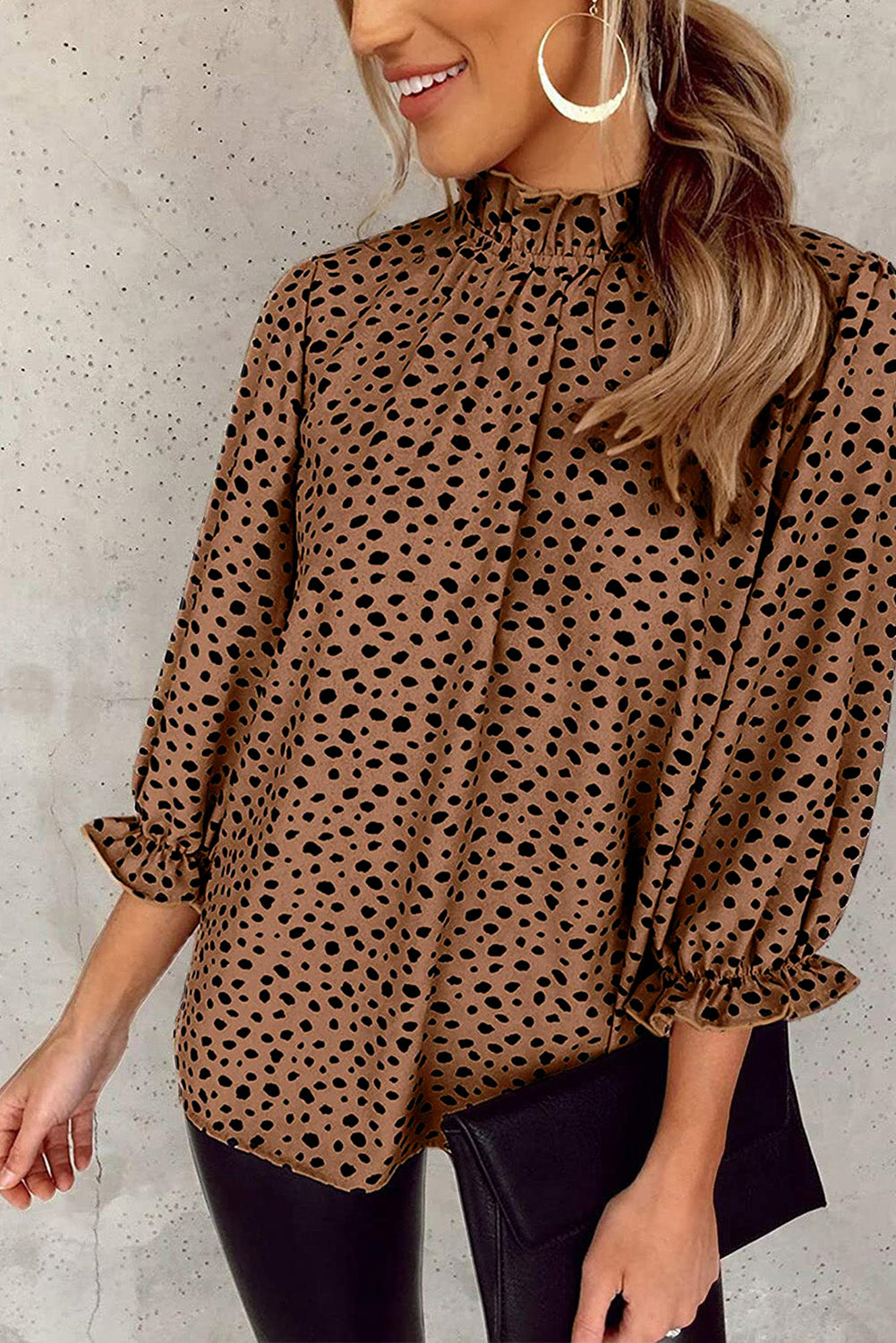 Khaki Frilled Neck 3/4 Sleeves Cheetah Blouse