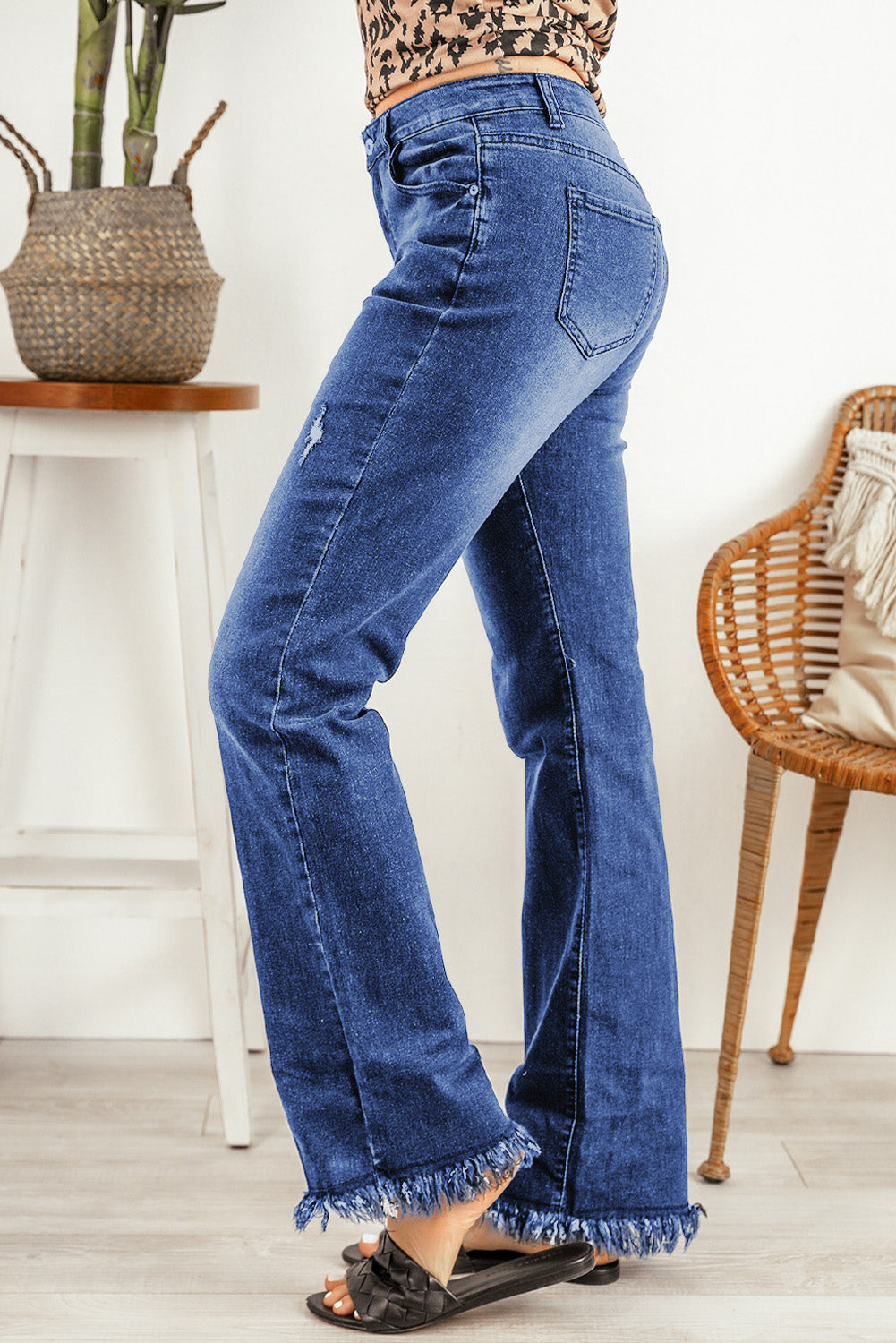 Blue Raw Hem Straight Leg Jeans