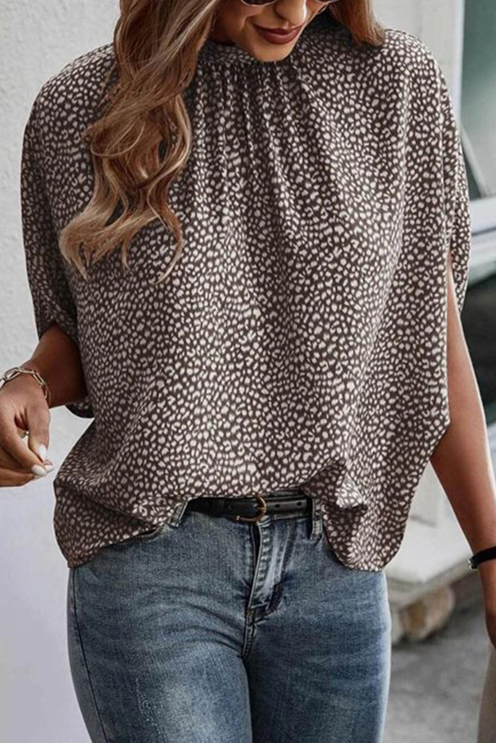 Khaki Frilled Neck 3/4 Sleeves Cheetah Blouse