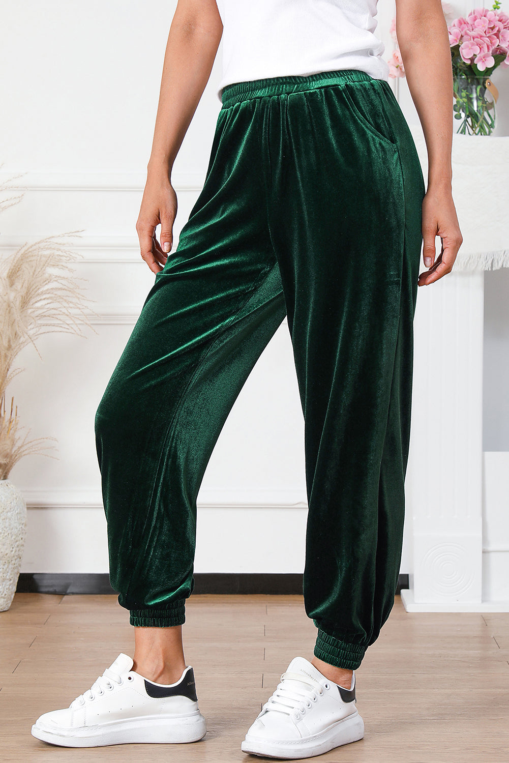 Green Solid Velvet Jogger Pants