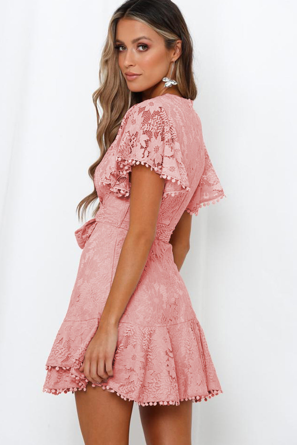 Flutter Sleeve Wrap V Neck Floral Lace Short Dress