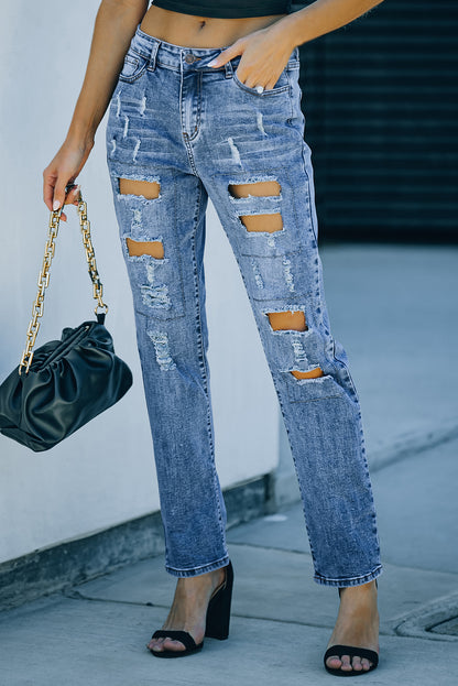 Buttoned Pockets Distressed Jeans