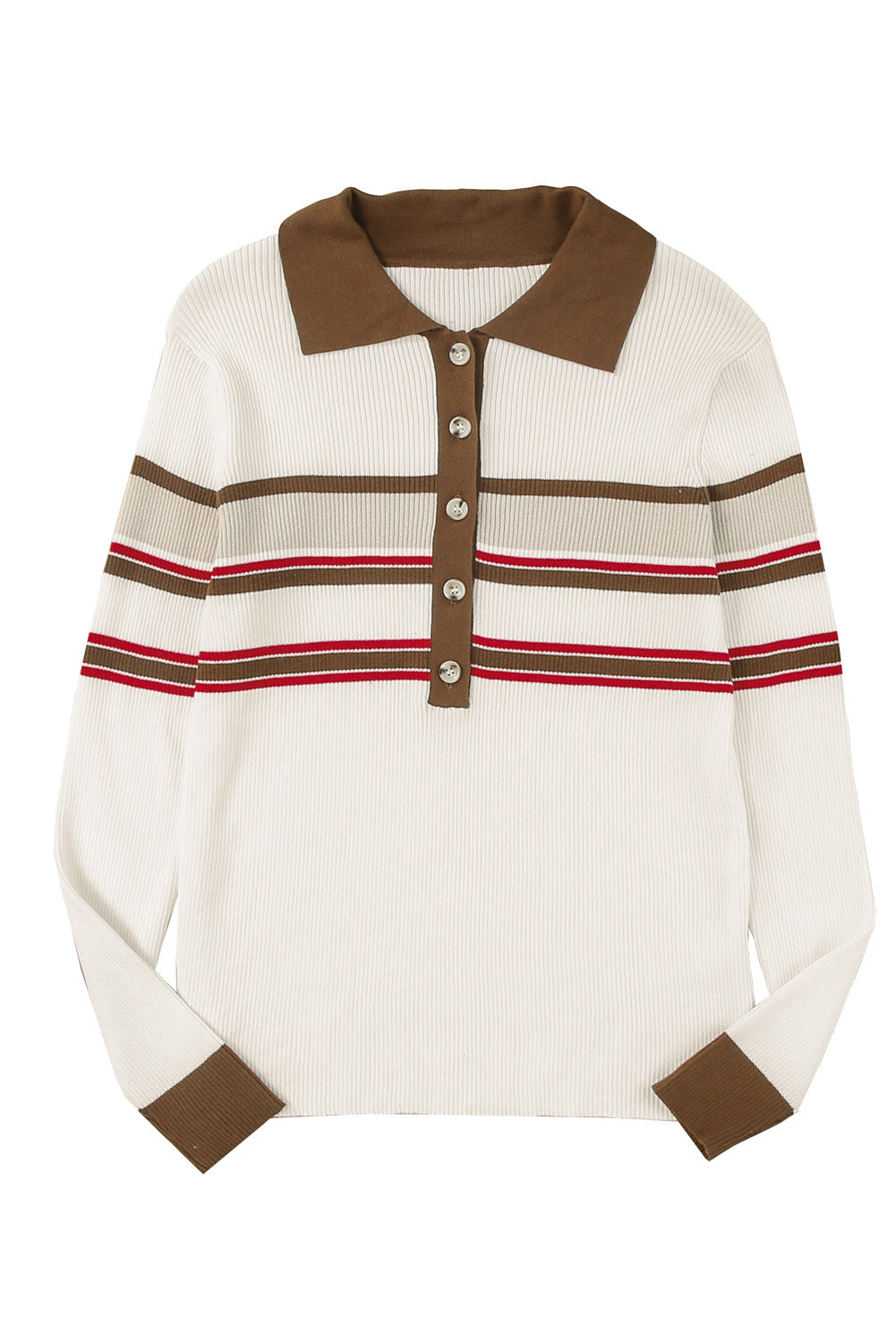 White Rib Knitted Stripe Detail Henley Sweater