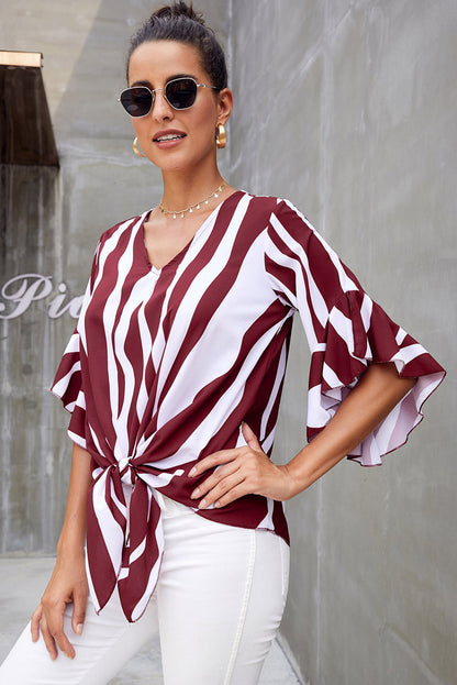 Vertical Stripes V Neck 3/4 Sleeve Blouse