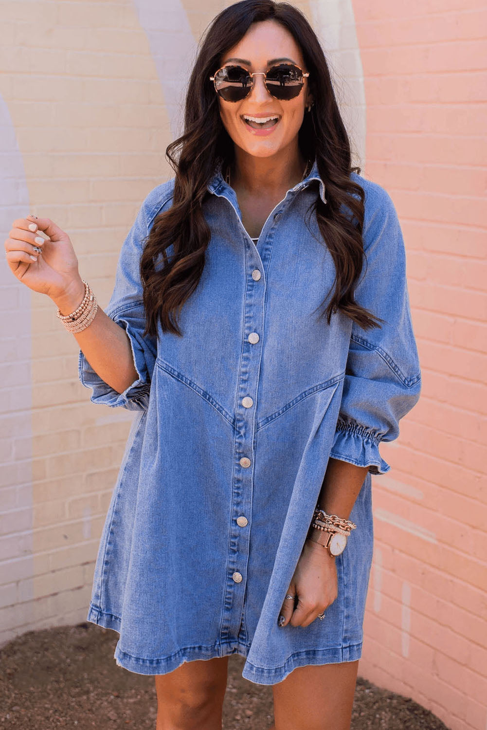 Sky Blue Buttoned Long Sleeve Denim Mini Dress