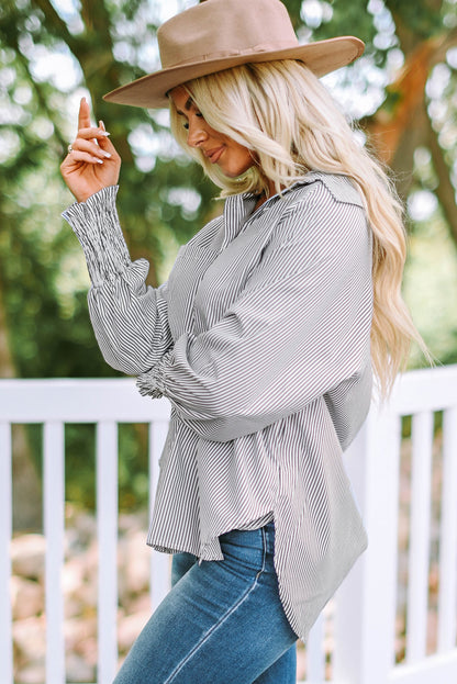 Smocked Cuffed Striped Boyfriend Shirt with Pocket