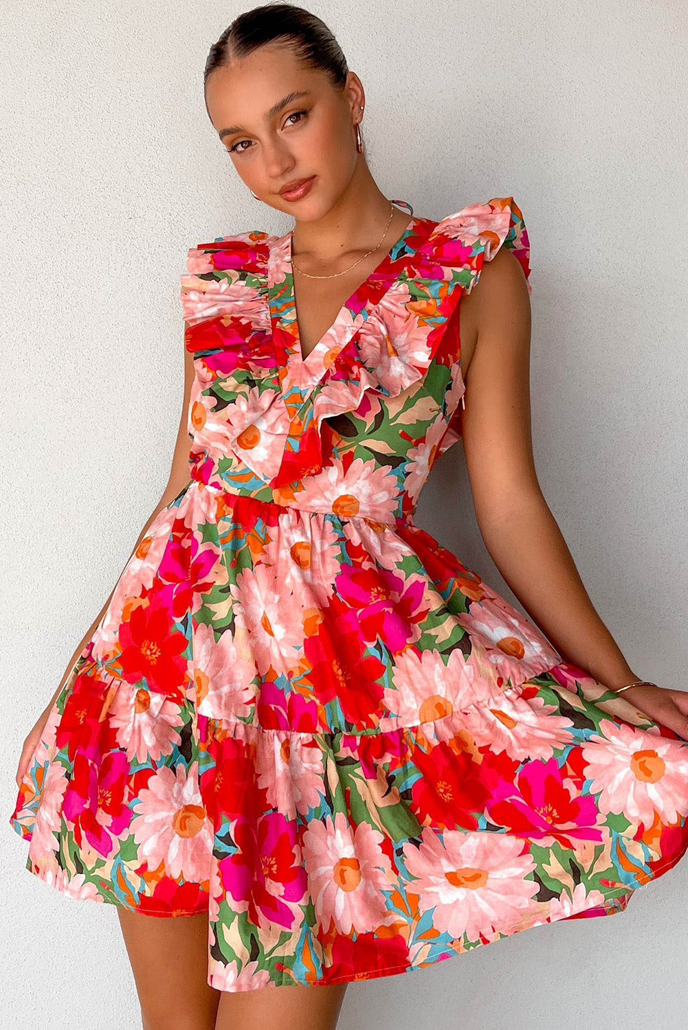 Floral Sleeveless V Neck Frill Mini Dress