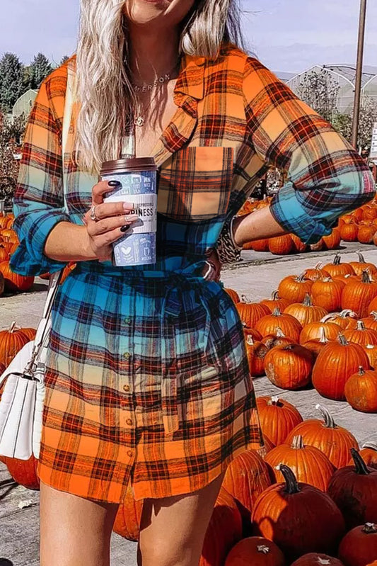 Gradient Plaid Button Front Mini Shirt Dress