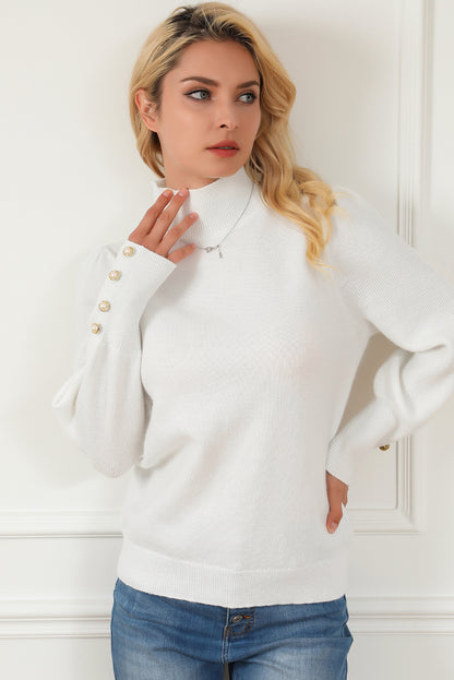 White Button Ribbed Puff Sleeve High Neck Sweater