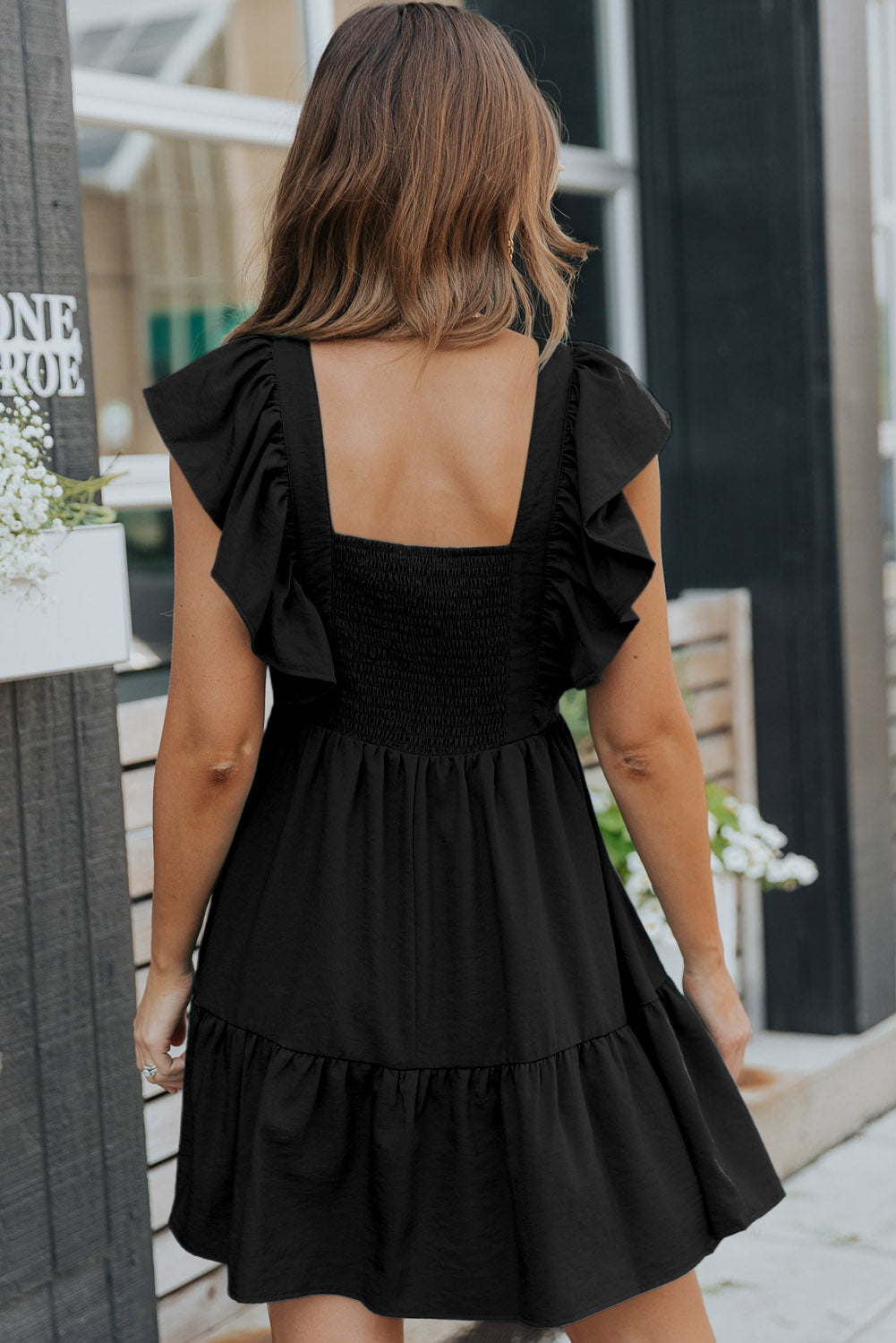 Ruffle Trim V Neck Smocking Back Mini Dress