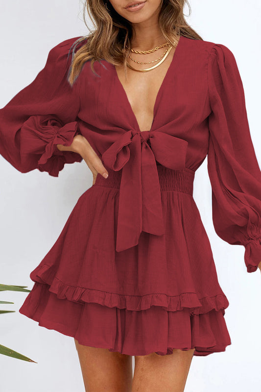 Burgundy Deep V Neck Lantern Sleeve Knotted Tiered Mini Dress