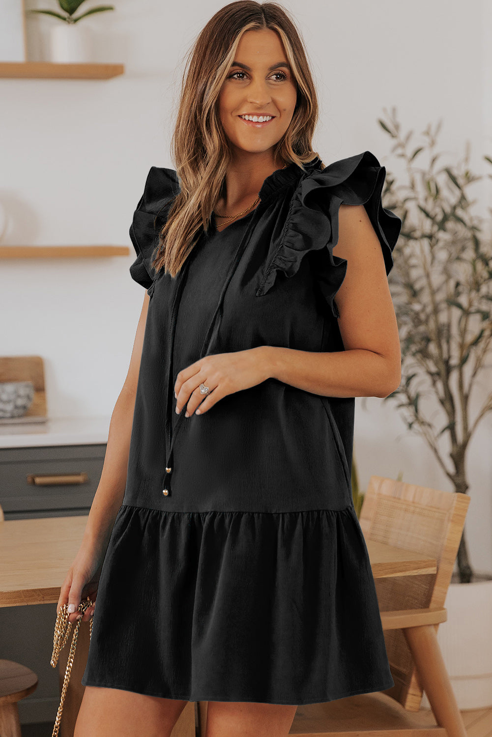 Tiered Ruffled Sleeves Mini Dress with Pockets