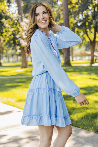 V Neck Long Sleeve Ruffle Tiered Mini Dress