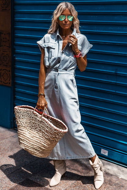 Beau Blue Short Batwing Sleeve Slit Back Denim Dress