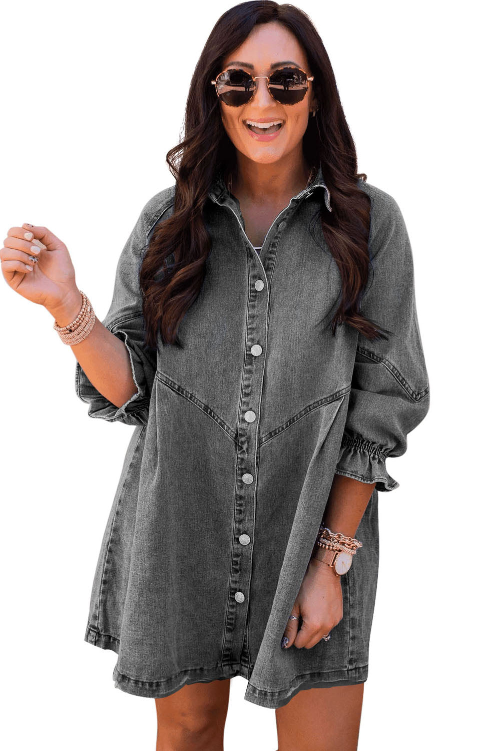 Sky Blue Buttoned Long Sleeve Denim Mini Dress