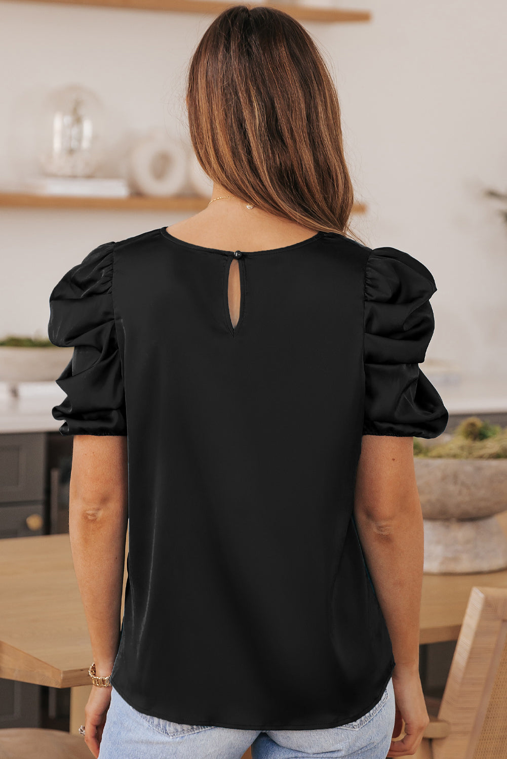 Ruched Puff Short Sleeve Satin Blouse