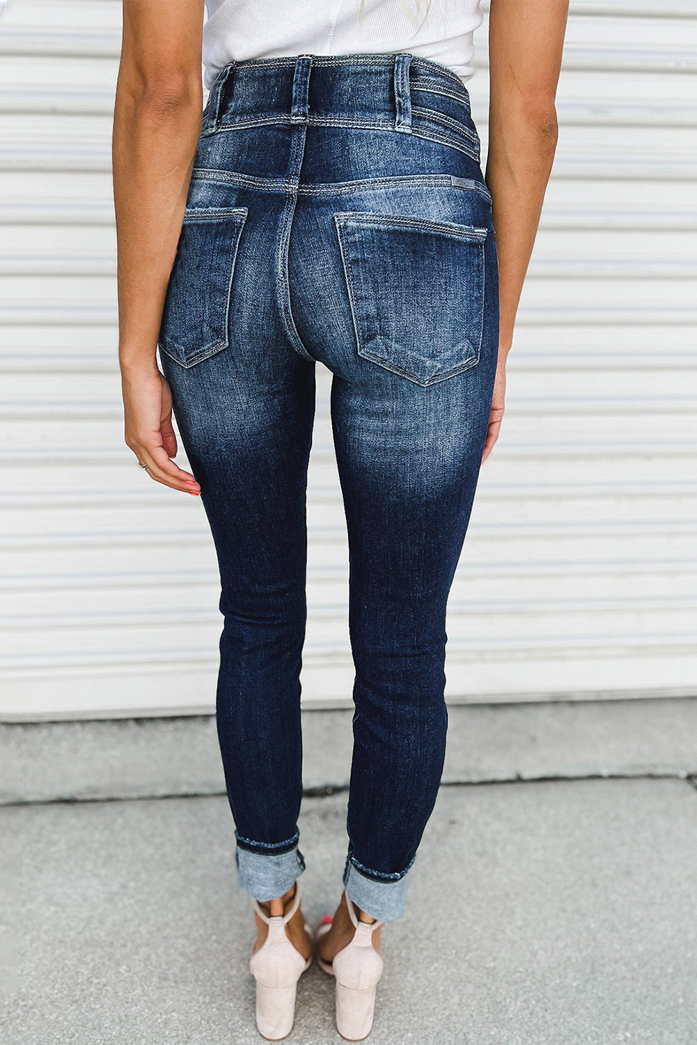 Blue Vintage Washed Two-button High Waist Skinny Jeans