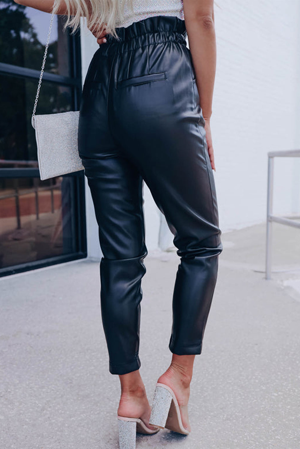 Black Smocked High Waist Faux Leather Skinny Pants