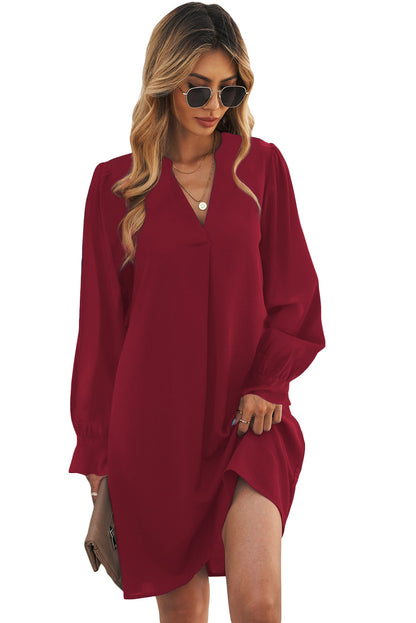 Split V Neck Ruffled Sleeves Shirt Dress