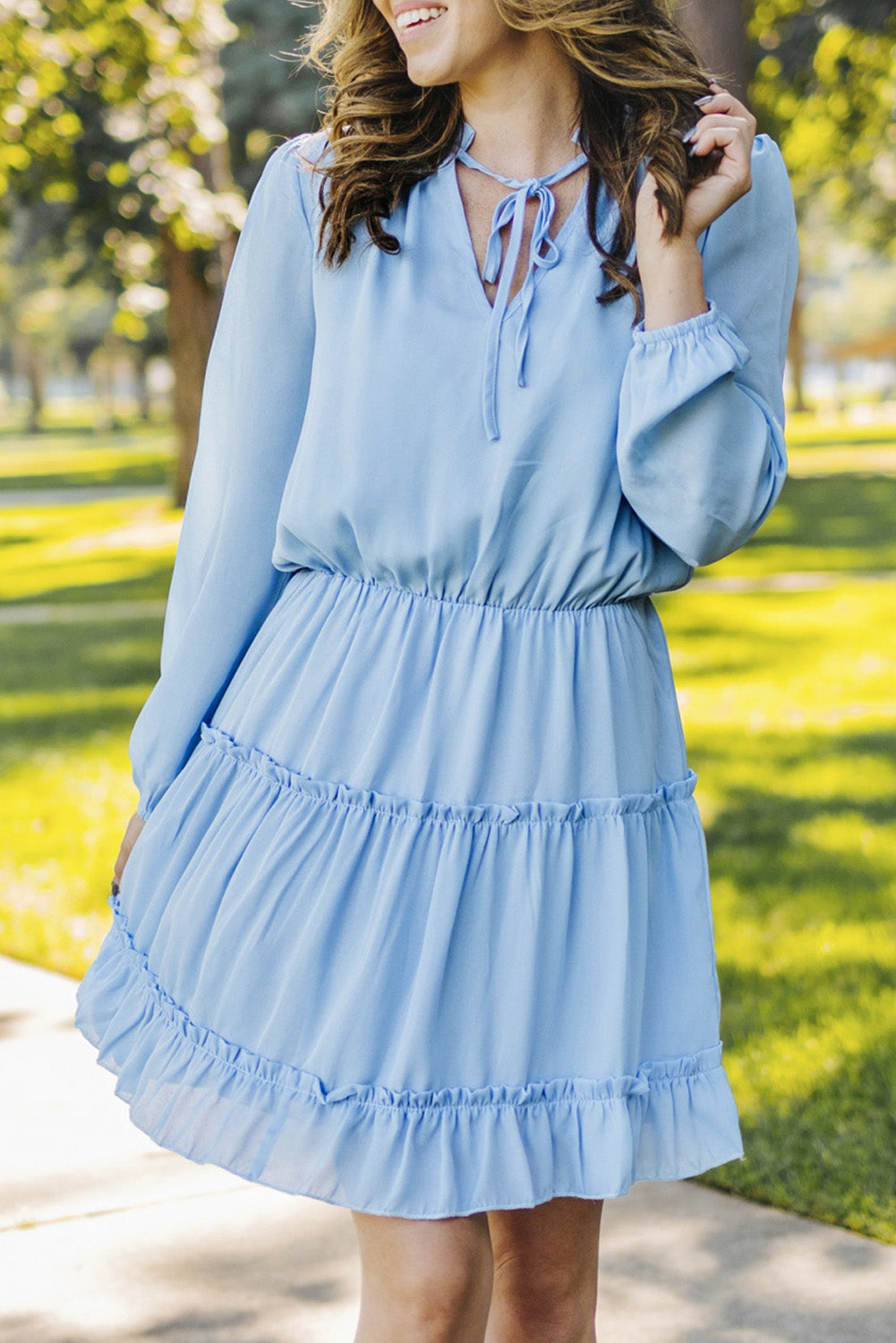 V Neck Long Sleeve Ruffle Tiered Mini Dress