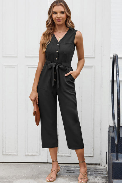 Pink Buttoned Sleeveless Cropped Jumpsuit with Sash