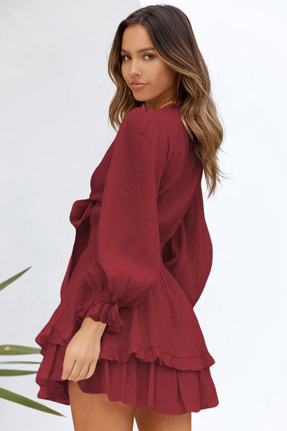 Burgundy Deep V Neck Lantern Sleeve Knotted Tiered Mini Dress