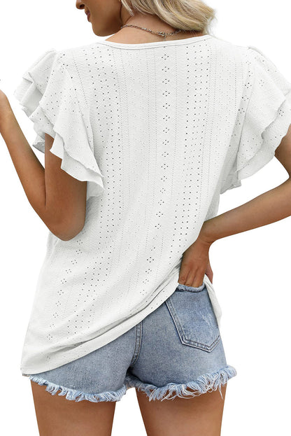 Rhombus Textured Ruffle Short Sleeve Blouse