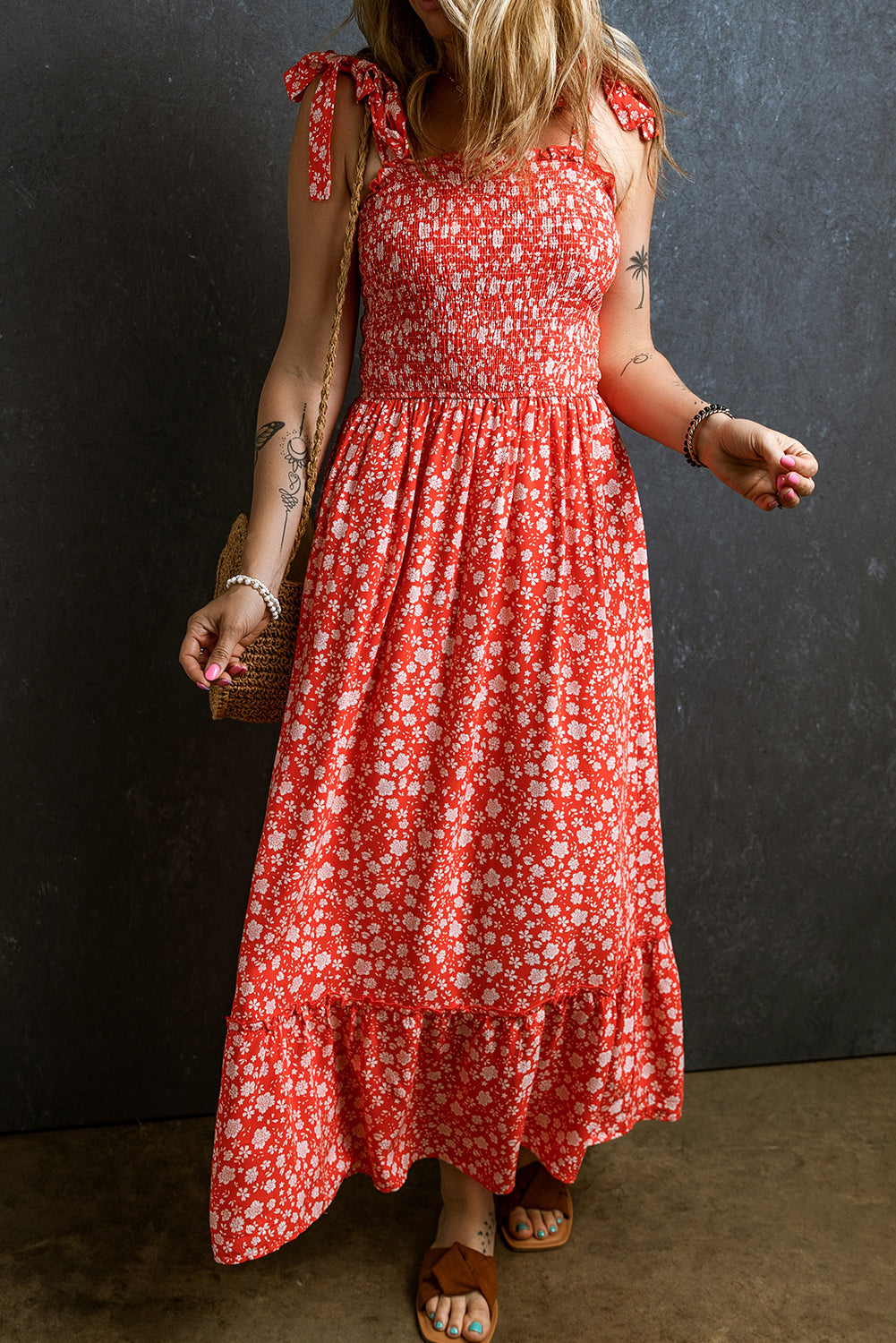 Red Boho Floral Self Tie Straps Smocked Bodice Long Dress