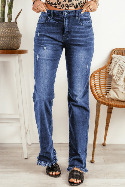 Blue Raw Hem Straight Leg Jeans