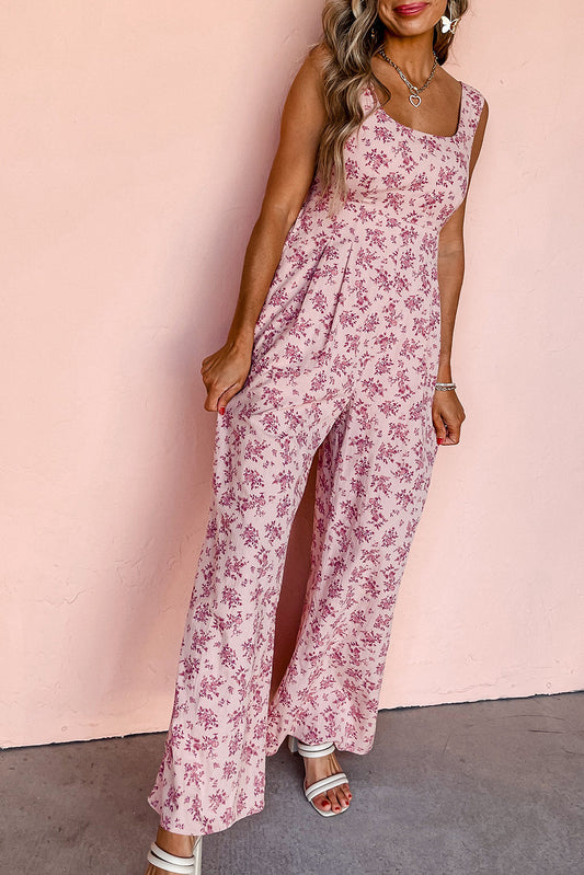 Pink Floral Scoop Neck Backless Sleeveless Jumpsuit