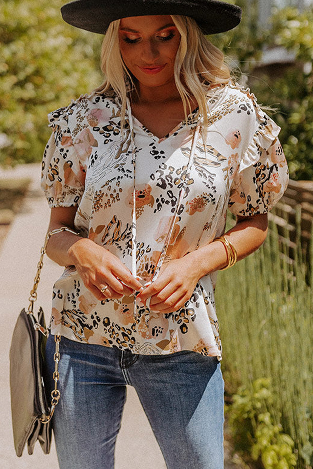 Leopard Floral Print Split Neck Puff Sleeve Blouse