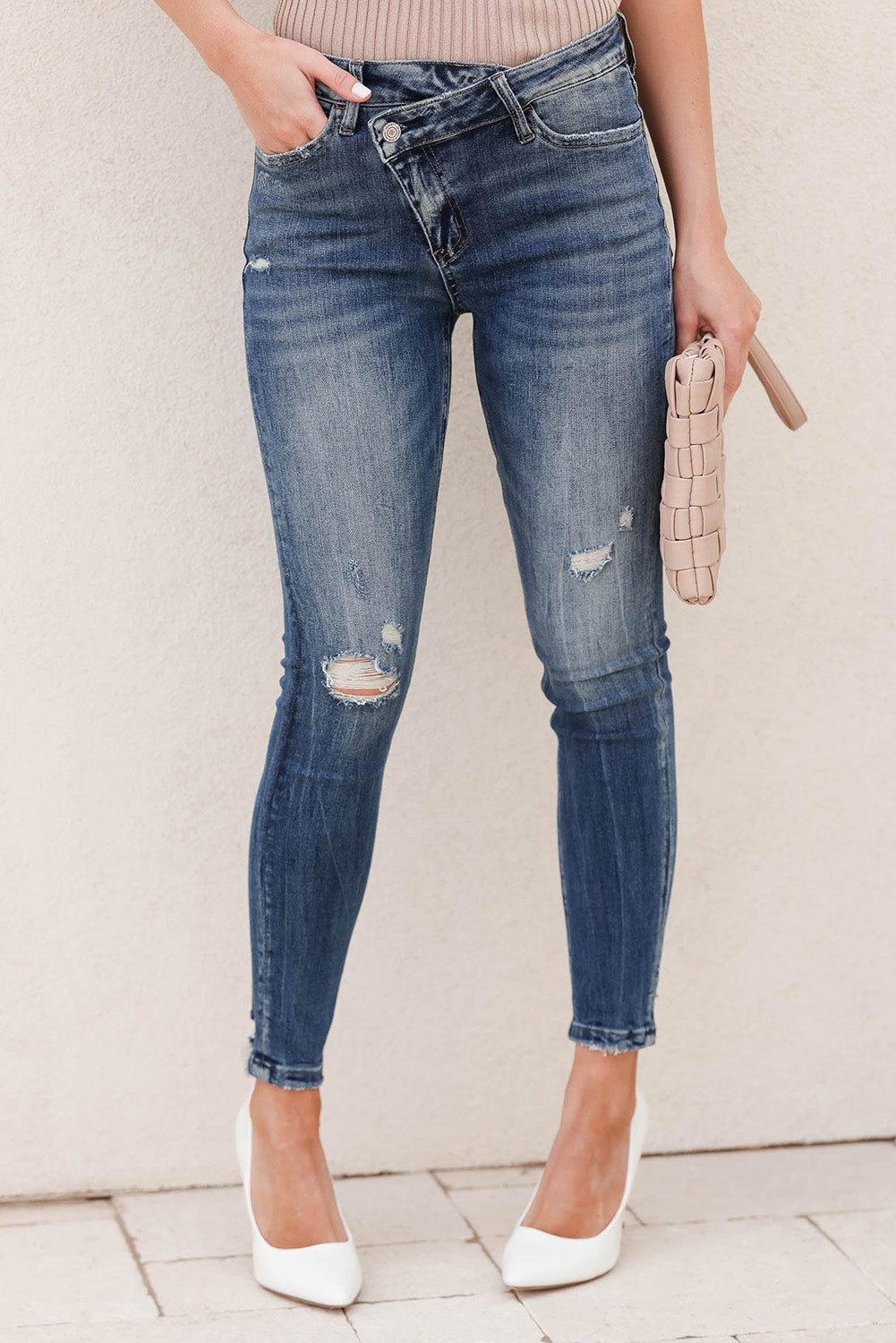 Sky Blue Asymmetric Button Zip Fly Distressed Skinny Jeans