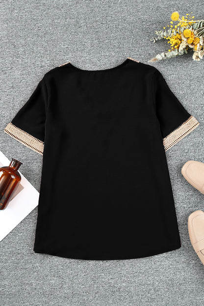 Black Lace Trim V Neck Short Sleeve Blouse