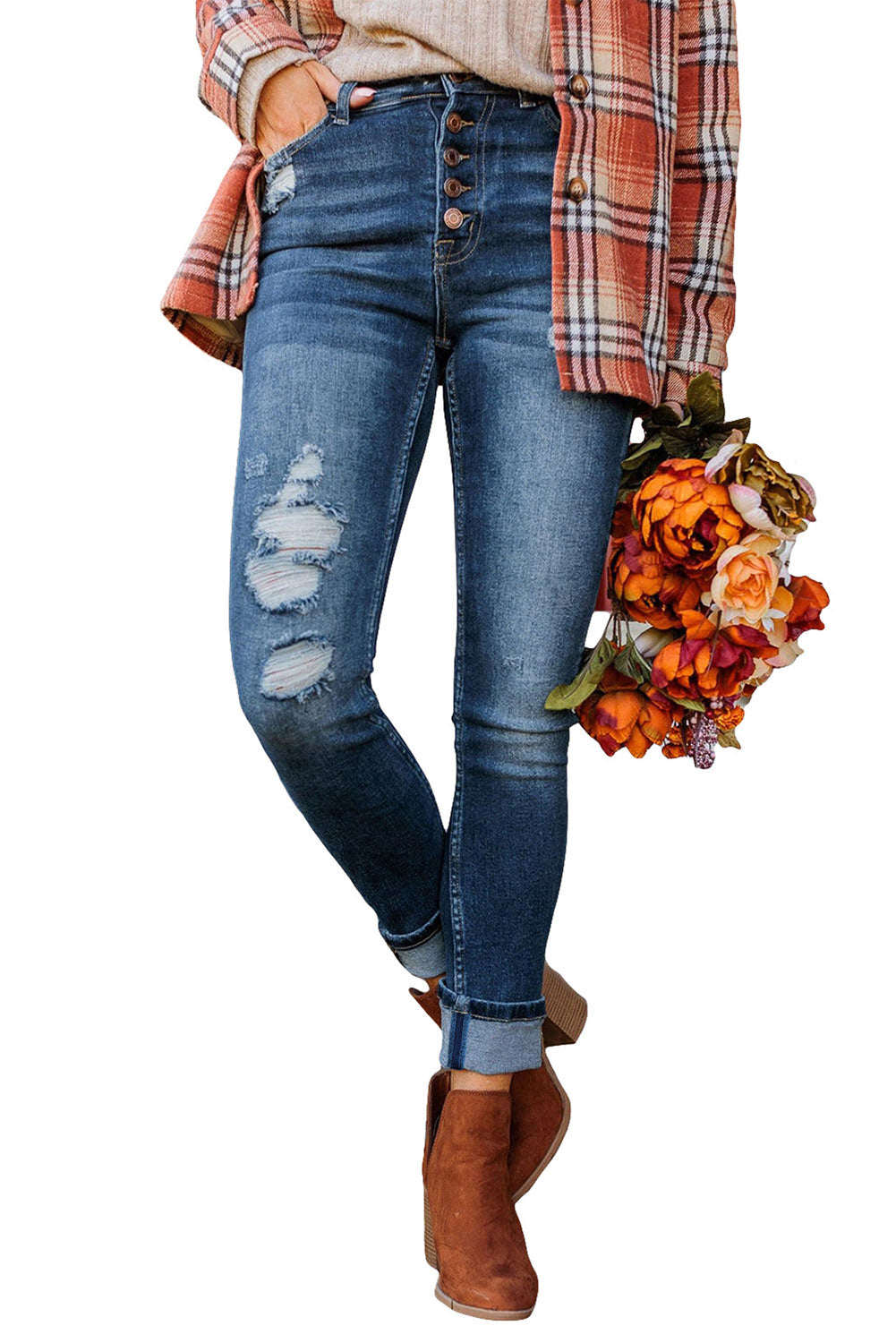 Blue Distressed Button Fly High Waist Skinny Jeans