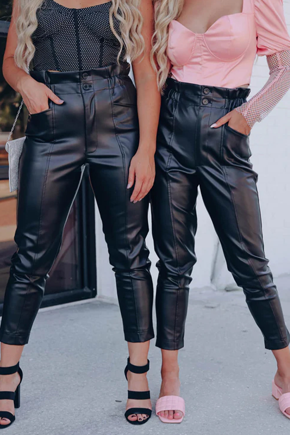 Black Smocked High Waist Faux Leather Skinny Pants