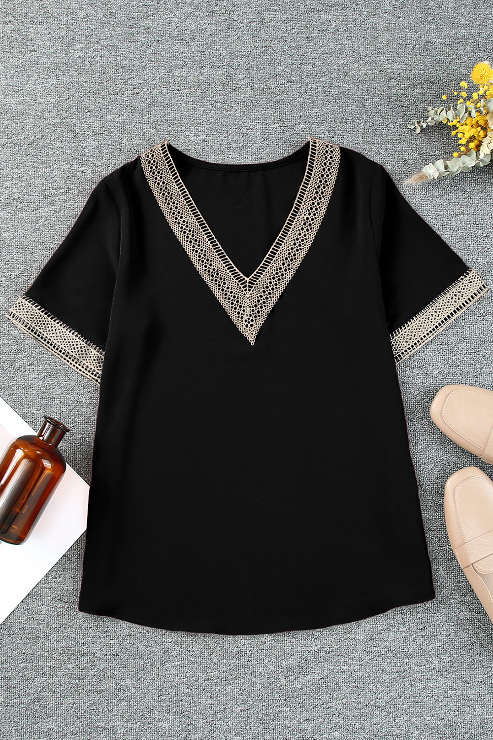 Black Lace Trim V Neck Short Sleeve Blouse