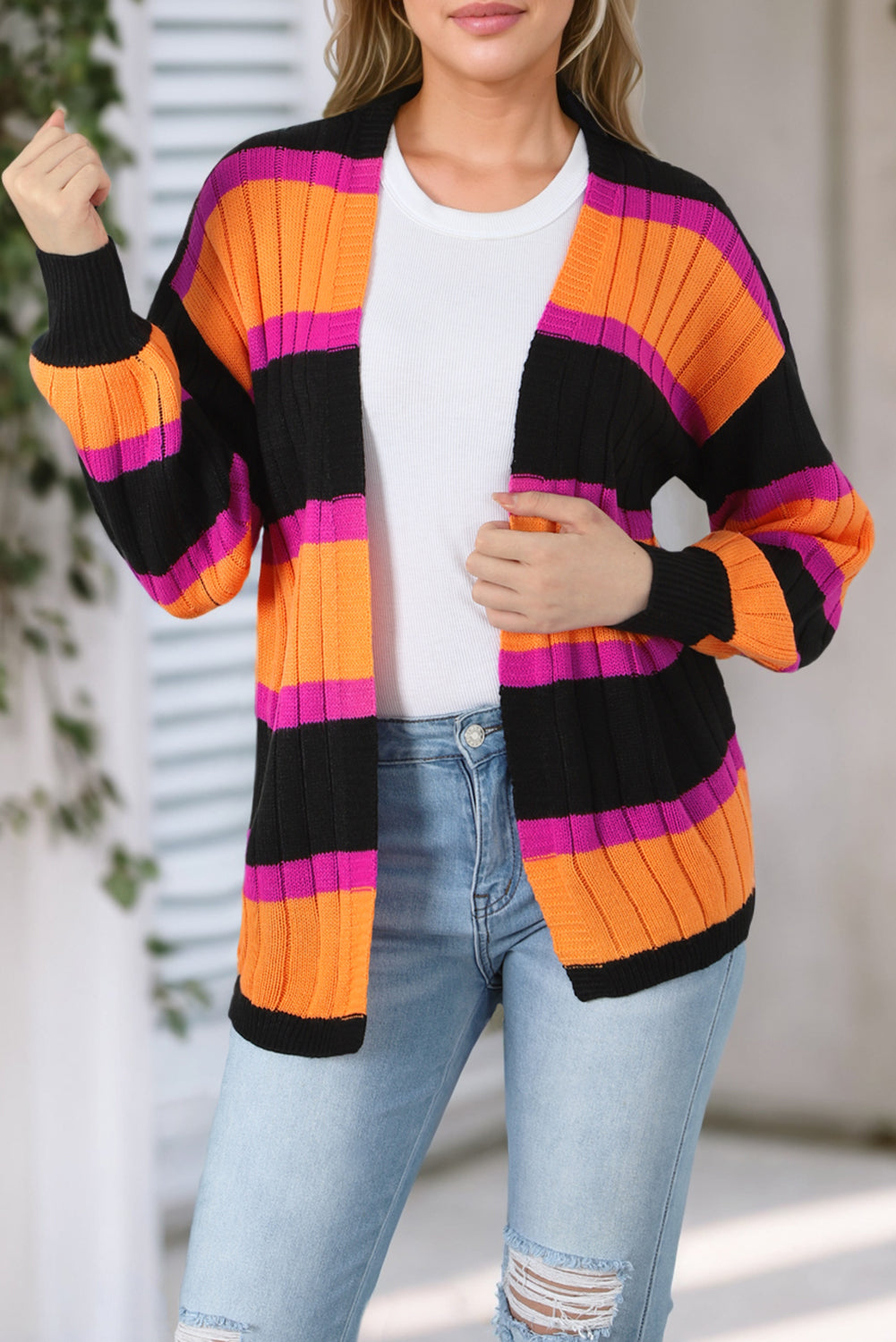 Orange Striped Colorblock Drop Shoulder Slouchy Cardigan