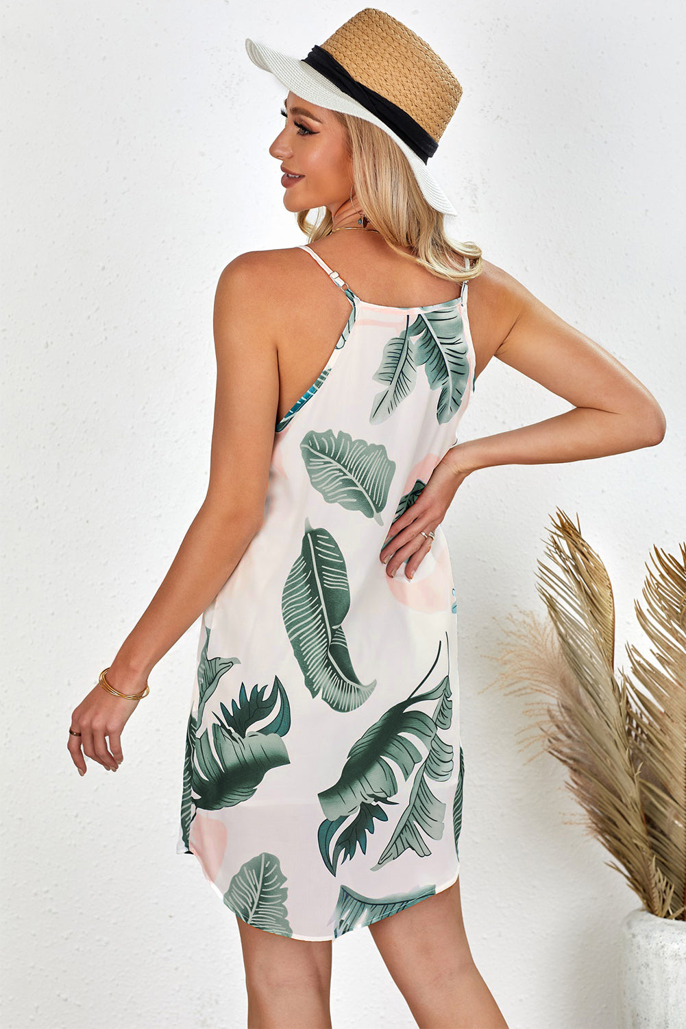 Palm Tree Leaf Print Ivory Sleeveless Dress