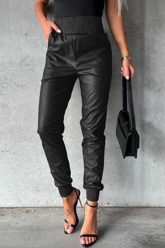 Brown Smocked High-Waist Leather Skinny Pants