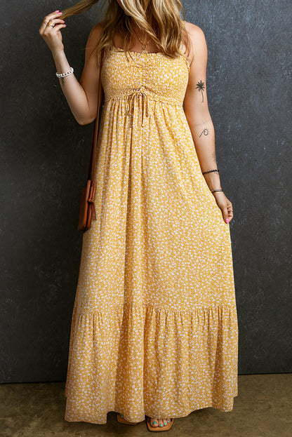 Yellow Frilly Smocked High Waist Floral Maxi Dress