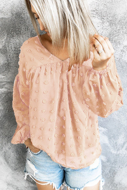 Swiss Dot V Neck Puff Sleeve Babydoll Shirt