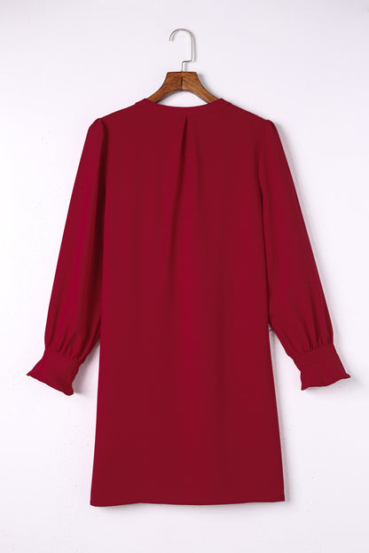 Split V Neck Ruffled Sleeves Shirt Dress