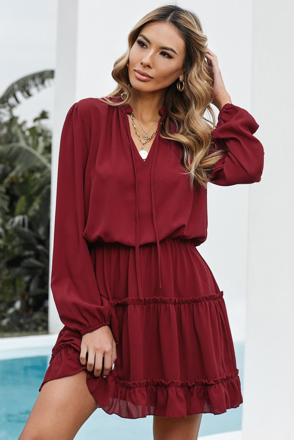 V Neck Long Sleeve Ruffle Tiered Mini Dress