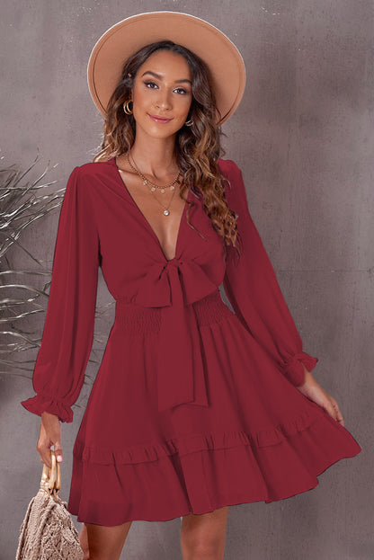 Burgundy Deep V Neck Lantern Sleeve Knotted Tiered Mini Dress